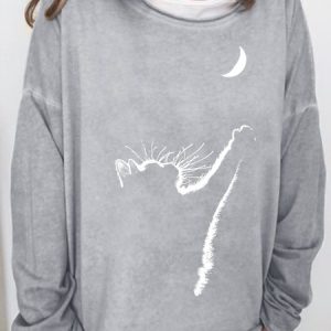 Women's Cat Moon Printed Casual Crew Neck Sweatshirt, color:Light Gray|size:3XL, Lilicloth.com
