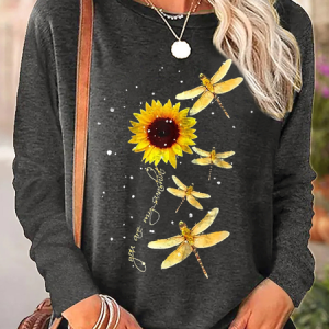 Women's You're My Sunshine Dragonfly Printed Regular Fit Cotton-Blend Casual Crew Neck Shirt, color:Gray|size:3XL, Lilicloth.com