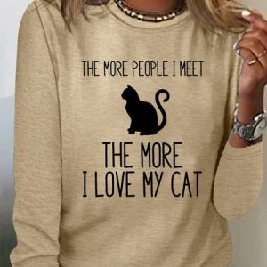 Women's Cat Lover Letters Casual Shirt, color:Khaki|size:3XL, Lilicloth.com