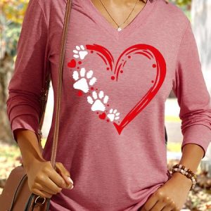 Women's Dog Paw Print V Neck Casual Graphic Shirt, color:Pink|size:3XL, Lilicloth.com