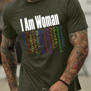 Men’s I Am Woman Casual Text Letters T-Shirt, color:Army Green|size:3XL, Lilicloth.com