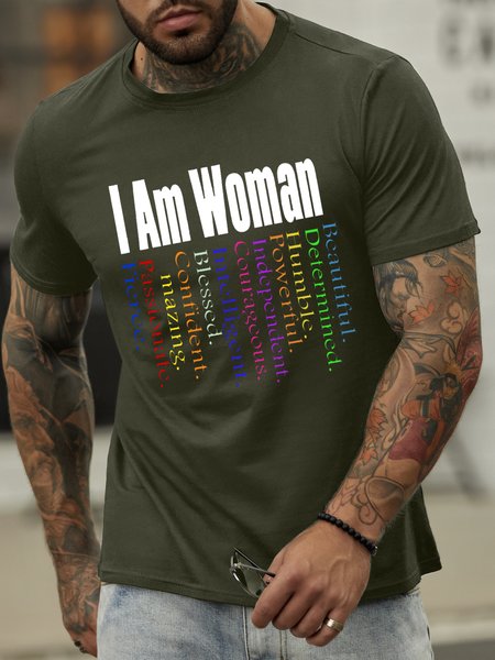 Men’s I Am Woman Casual Text Letters T-Shirt, color:Army Green|size:3XL, Lilicloth.com