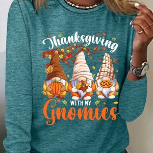 Women's Gnomes Happy Thanksgiving Autumn Fall Casual Shirt, color:Green|size:3XL, Lilicloth.com