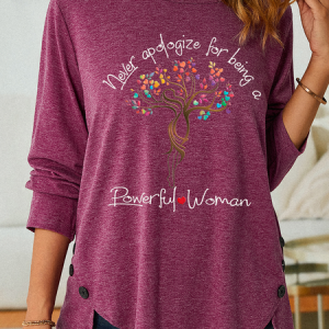Women's Never Apologize for Being a Powerful Woman Casual Text Letters Crew Neck Shirt, color:Wine Red|size:3XL, Lilicloth.com