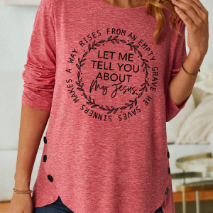 Women's Let me tell you about my Jesus Christian Song Text Letters Casual Long Sleeve Shirt, color:Pink|size:3XL, Lilicloth.com
