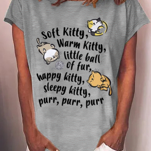 Women's Soft Kitty Warm Kitty Cat Cotton-Blend Crew Neck T-Shirt, color:Gray|size:3XL, Lilicloth.com