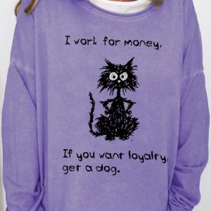 Women's Funny I Work Letter Cat Print Casual Letters Sweatshirt, color:Light Purple|size:3XL, Lilicloth.com
