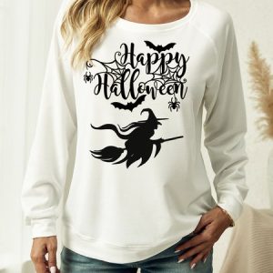 Women’s Happy Halloween Casual Crew Neck Sweatshirt, color:White|size:3XL, Lilicloth.com