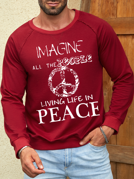 Men's Imagine all people living in peace Text Letters Casual Crew Neck Sweatshirt, color:Red|size:3XL, Lilicloth.com