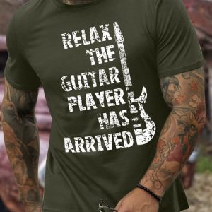 Men’s Relax The Guitar Player Has Arrived  Casual Regular Fit Cotton Crew Neck T-Shirt, color:Army Green|size:3XL, Lilicloth.com