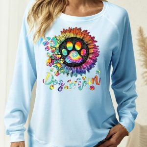Women’s Dog Mama Sunflower Pattern Regular Fit Casual Floral Pattern Crew Neck Sweatshirt Pet Matching Hoodie, color:Blue|size:3XL, Lilicloth.com