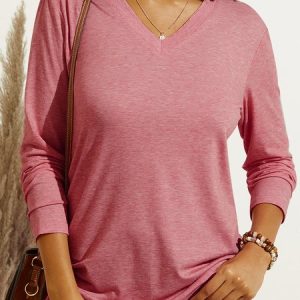 Women's V Neck Cotton-Blend Regular Fit Casual Shirt, color:Pink|size:3XL, Lilicloth.com