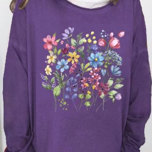 Women's Flower Print Crew Neck Casual Sweatshirt, color:Light Purple|size:3XL, Lilicloth.com