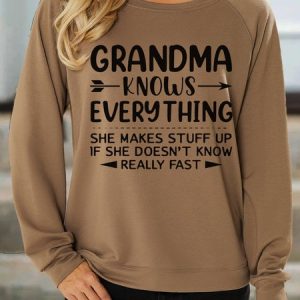 Women's Grandma Knows Everything Letters Crew Neck Casual Sweatshirt, color:Coffee|size:3XL, Lilicloth.com
