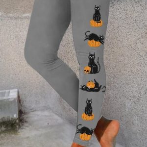 Women‘s Casual Cat Halloween Legging, color:Gray|size:4XL, Lilicloth.com