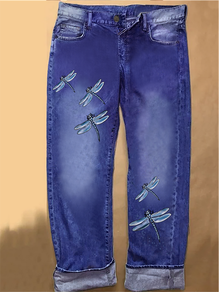 Women's Dragonfly Casual Denim Loose Jeans, color:Blue|size:3XL, Lilicloth.com