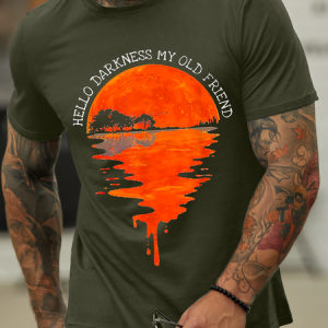 Men's Hello Darkness My Old Friend Hippie Cotton-Blend Crew Neck Text Letters Casual T-Shirt, color:Green|size:3XL, Lilicloth.com