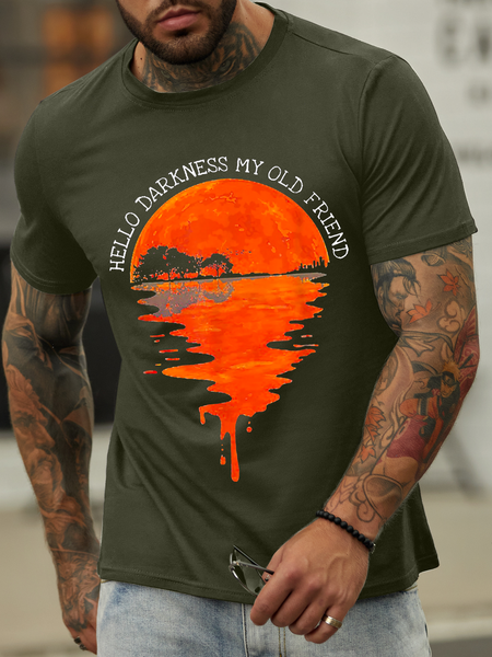 Men's Hello Darkness My Old Friend Hippie Cotton-Blend Crew Neck Text Letters Casual T-Shirt, T-shirts, Lilicloth.com