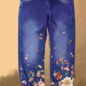 Women's flower Print Casual Denim Jeans, color:Blue|size:3XL, Lilicloth.com