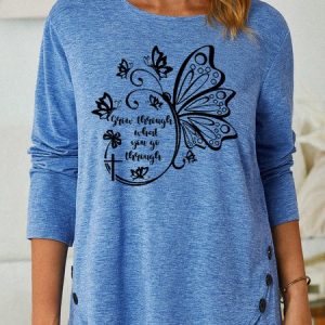 Women's Butterfly Casual Letters Crew Neck Shirt, color:Blue|size:3XL, Lilicloth.com