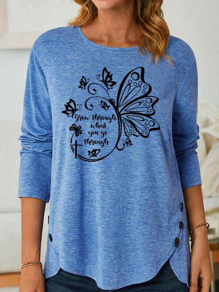Women's Butterfly Casual Letters Crew Neck Shirt, color:Blue|size:3XL, Lilicloth.com