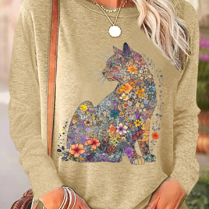 Women's Floral Cat Casual Crew Neck Shirt, color:Khaki|size:3XL, Lilicloth.com