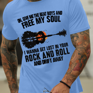 Men's I wanna get lost in your rock and roll and drift away Casual Text Letters Cotton-Blend Crew Neck T-Shirt, color:Light Blue|size:3XL, Lilicloth.com