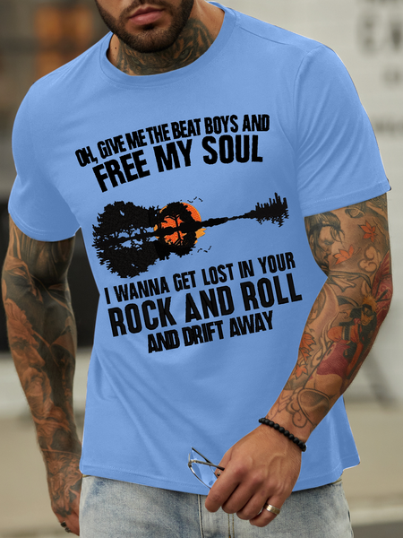Men's I wanna get lost in your rock and roll and drift away Casual Text Letters Cotton-Blend Crew Neck T-Shirt, color:Light Blue|size:3XL, Lilicloth.com