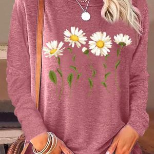 Women's Daisy Flower Crew Neck Casual Shirt, color:Pink|size:3XL, Lilicloth.com