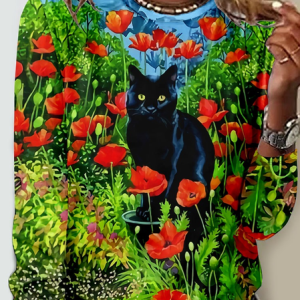 Women's Black Cat Art Print Casual Crew Neck Shirt, color:As Picture|size:5XL, Lilicloth.com