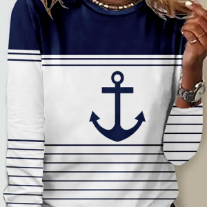 Women's Crew Neck Casual Anchor Shirt, color:White|size:5XL, Lilicloth.com