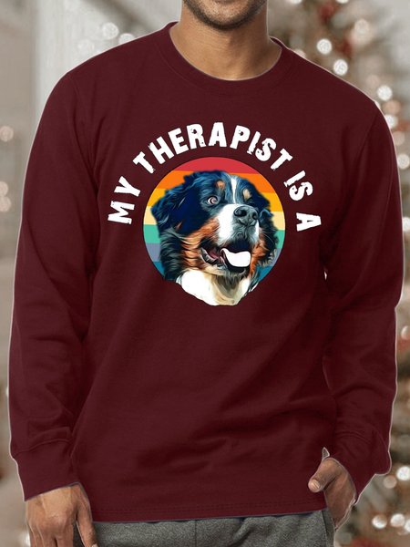 Men’s My Therapist Is A Dog Loose Dog Casual Cotton-Blend Sweatshirt, color:Red|size:3XL, Lilicloth.com