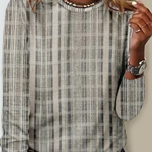 Woman ‘ Casual Regular Fit Crew Neck Color Block Shirt, color:Khaki|size:3XL, Lilicloth.com