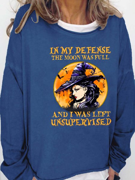 Halloween Witch And Moon Crew Neck Sweatshirt, color:Blue|size:3XL, Lilicloth.com
