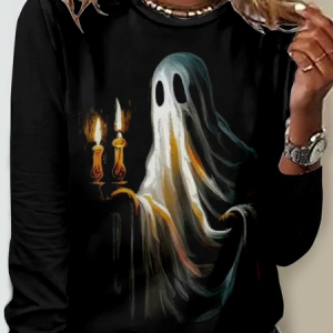 Women's Ghost Print Halloween Casual Shirt, color:Black|size:5XL, Lilicloth.com