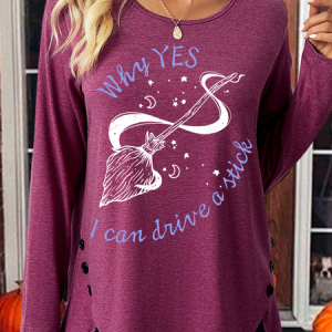Women's Funny Witch Halloween Graphic Casual Regular Fit Shirt, color:Wine Red|size:3XL, Lilicloth.com