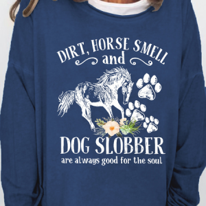 Women's Cute Horse And Dog Flower Dirt Horse Smell Simple Crew Neck Loose Sweatshirt, color:Dark Blue|size:3XL, Lilicloth.com