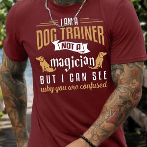 Men’s Dog Crew Neck Casual Cotton T-Shirt, color:Red|size:3XL, Lilicloth.com