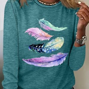 Women's Muticolor Feather Print Casual Shirt, color:Green|size:3XL, Lilicloth.com