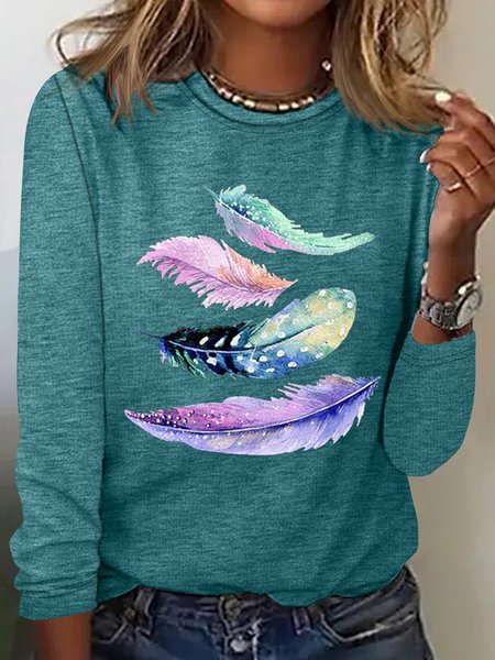 Women's Muticolor Feather Print Casual Shirt, Long sleeves, Lilicloth.com