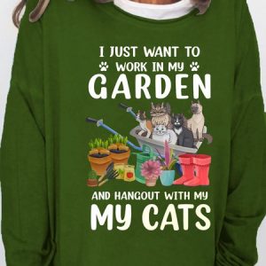 Womens Funny Garden And Cat Casual Sweatshirt, color:Green|size:3XL, Lilicloth.com