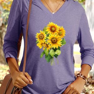 Women's Sunflower Graphic V Neck Casual Shirt, color:Purple|size:3XL, Lilicloth.com