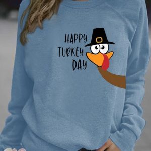 Women's funny Gobble Gobble Thanksgiving Casual Crew Neck Sweatshirt, color:Light Blue|size:3XL, Lilicloth.com