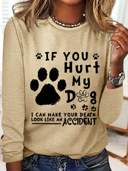 Women's If You Hurt My Dog I Can Make Your Death Look Like An Accident Long Sleeve Casual Shirt, color:Khaki|size:3XL, Lilicloth.com