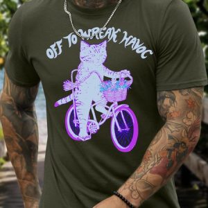 Men’s Cat Regular Fit Casual Cotton Animal Picture T-Shirt, color:Army Green|size:3XL, Lilicloth.com