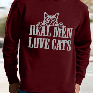 Men's real men love cats Casual Loose Text Letters Sweatshirt, color:Red|size:3XL, Lilicloth.com