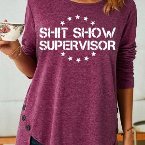 Women's Shit Show Supervisor Letter Casual Text Letters Crew Neck Shirt, color:Burgundy|size:3XL, Lilicloth.com