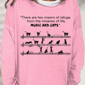 Women's Music And Cats There Are Two Means Of Refuge From The Miseries Of Life Simple Sweatshirt, color:Pink|size:3XL, Lilicloth.com