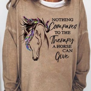 Women's The Therapy A Horse Can Give Simple Dog Loose Crew Neck Sweatshirt, color:Khaki|size:3XL, Lilicloth.com