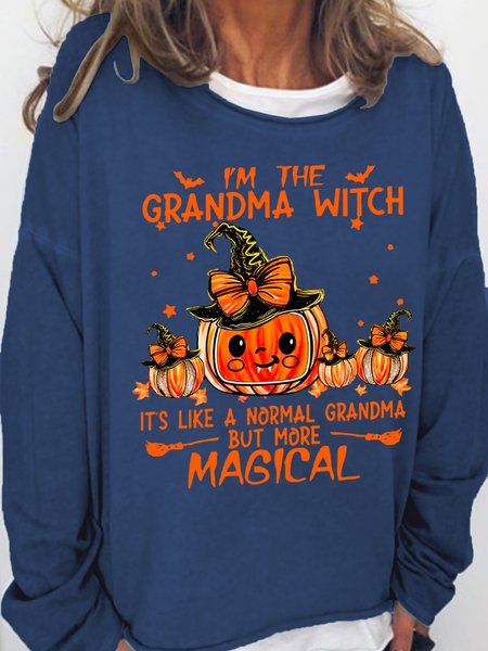 Women Funny Personalized Grandma Witch Pumpkin Halloween Loose Simple Sweatshirt, color:Dark Blue|size:3XL, Lilicloth.com
